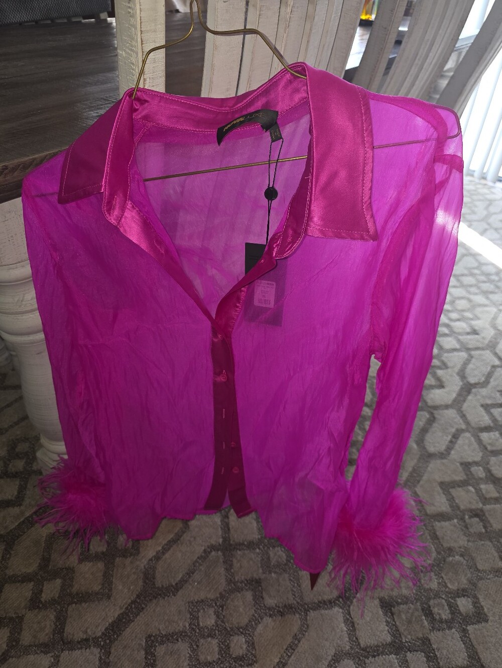 Fashion Nova Satin-Trim Sheer Blouse with Feather Cuffs - Hot Pink